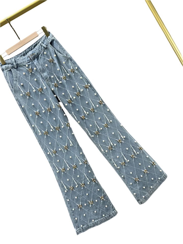 Plaid and Pearl Denim Flare Jeans