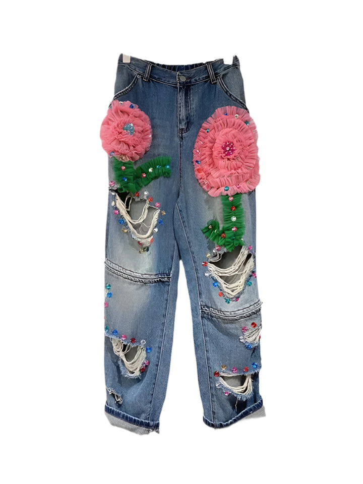 Embroidered Flower Denim Pants