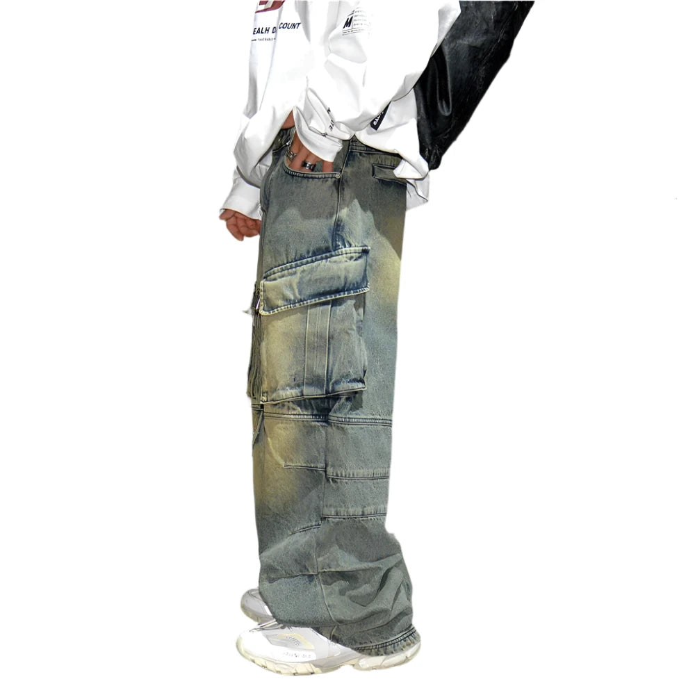 Distressed Denim Cargo Pants