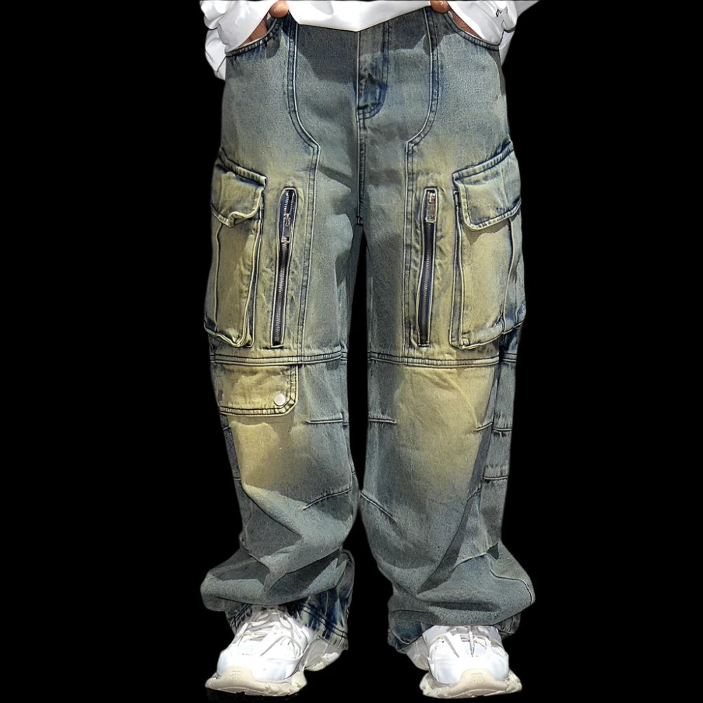 Distressed Denim Cargo Pants