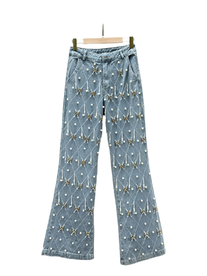 Plaid and Pearl Denim Flare Jeans