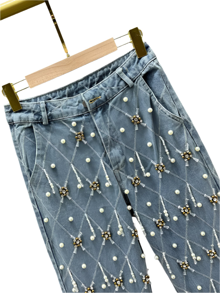 Plaid and Pearl Denim Flare Jeans