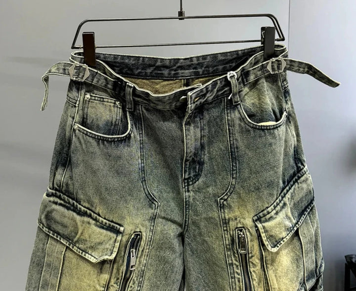 Distressed Denim Cargo Pants