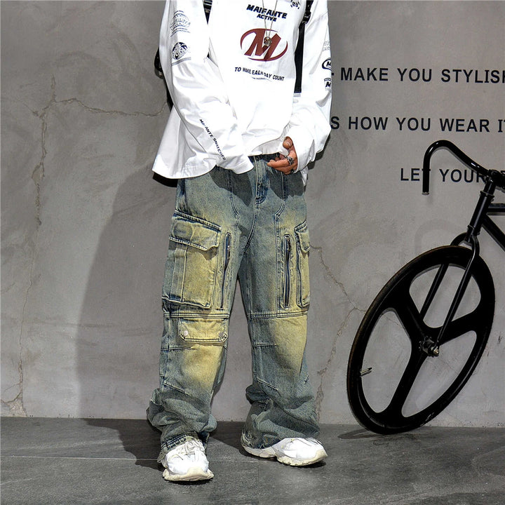 Distressed Denim Cargo Pants