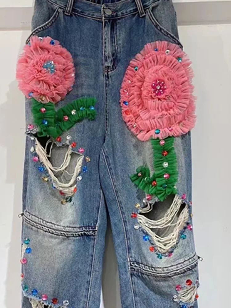 Embroidered Flower Denim Pants