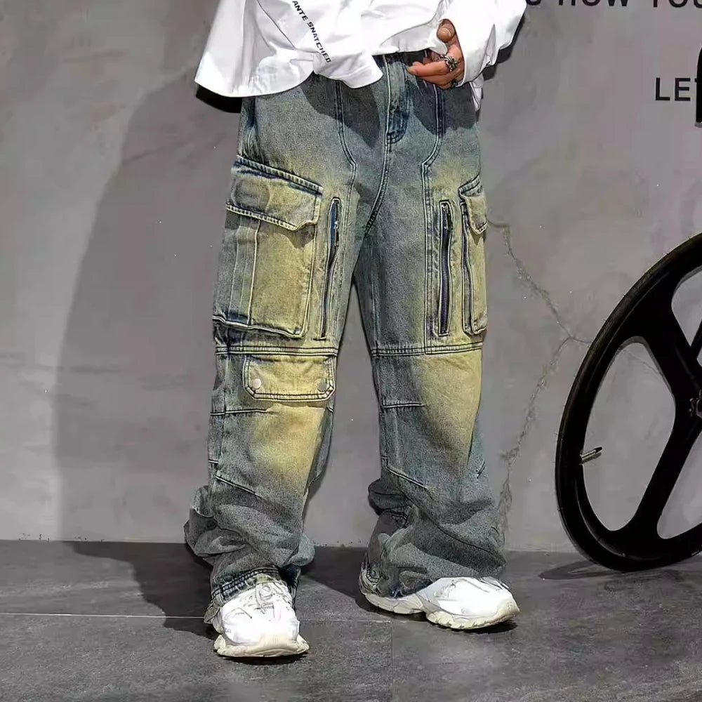 Distressed Denim Cargo Pants