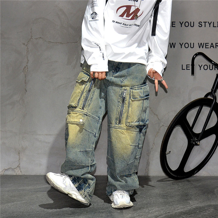 Distressed Denim Cargo Pants