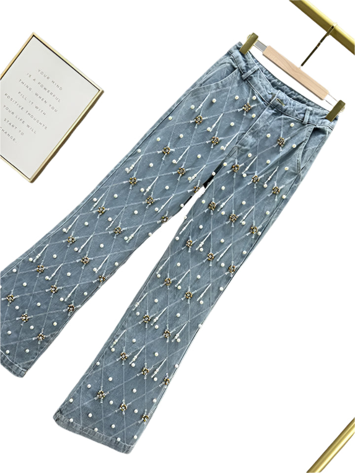 Plaid and Pearl Denim Flare Jeans