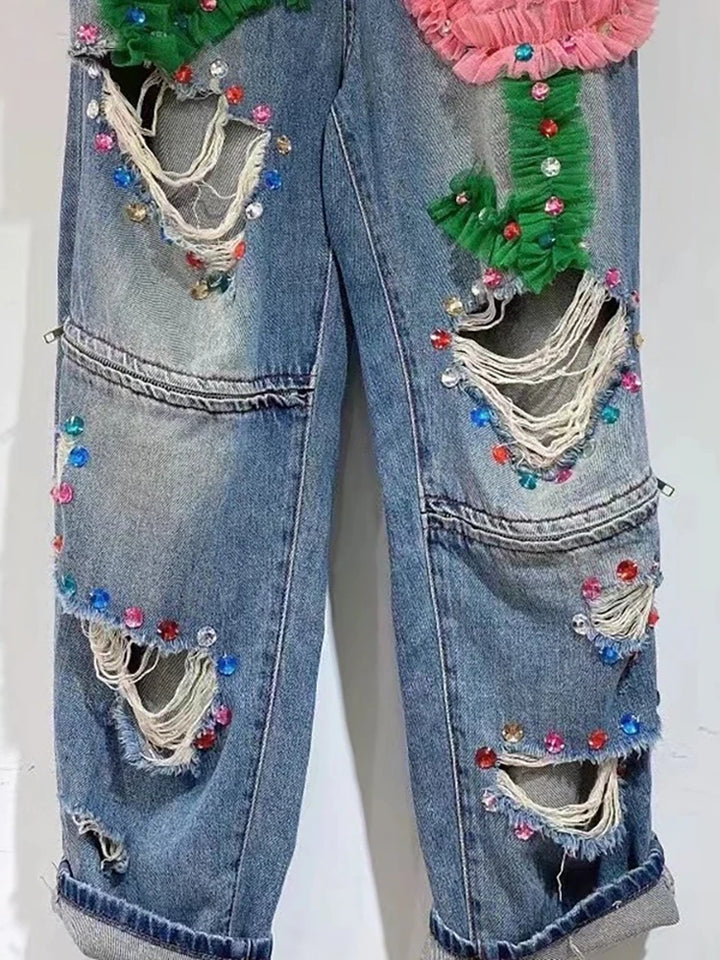 Embroidered Flower Denim Pants