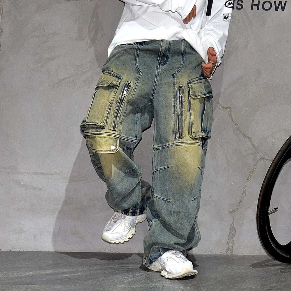 Distressed Denim Cargo Pants