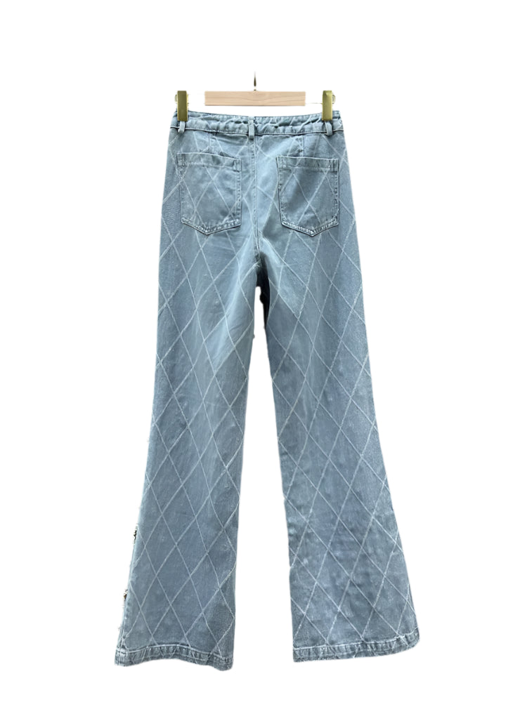 Plaid and Pearl Denim Flare Jeans