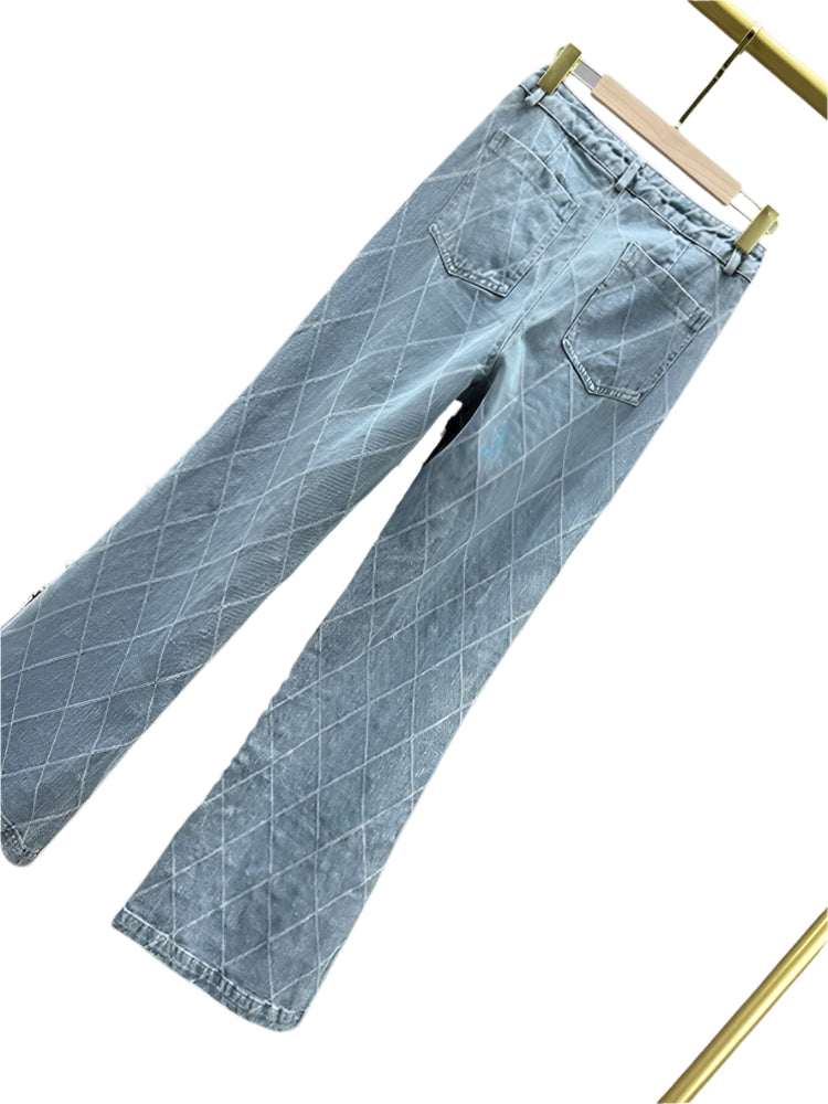 Plaid and Pearl Denim Flare Jeans