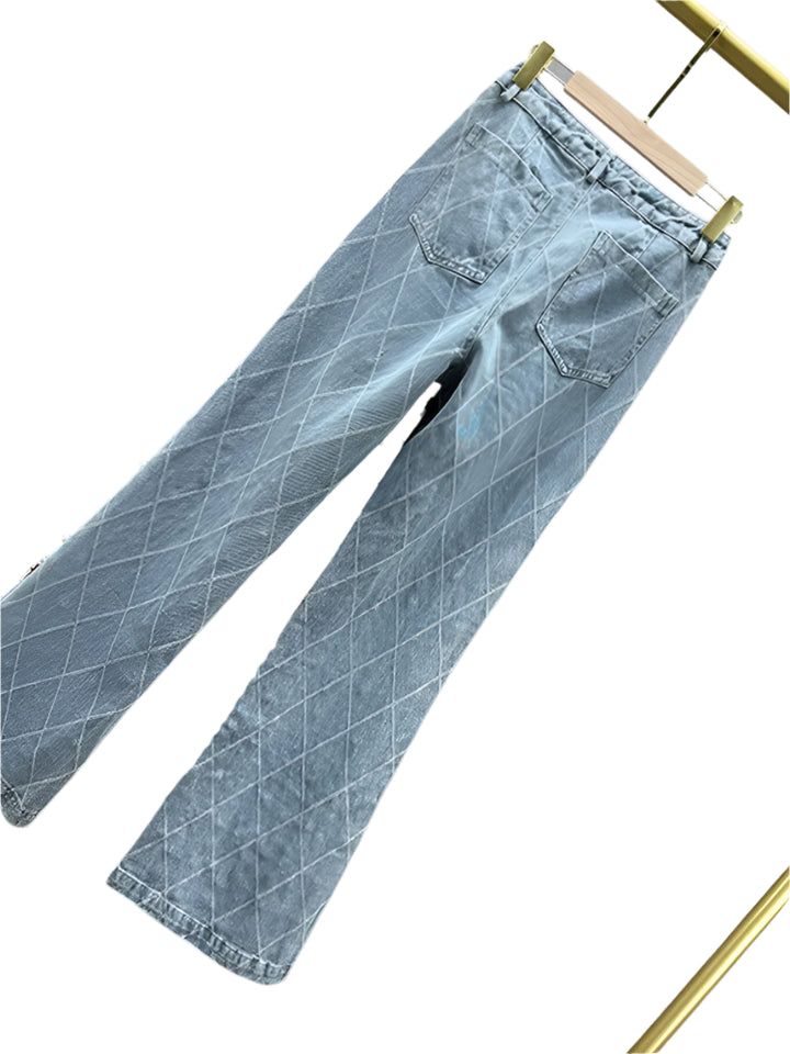 Plaid and Pearl Denim Flare Jeans