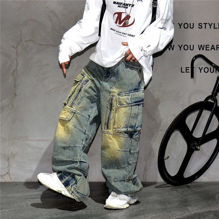 Distressed Denim Cargo Pants