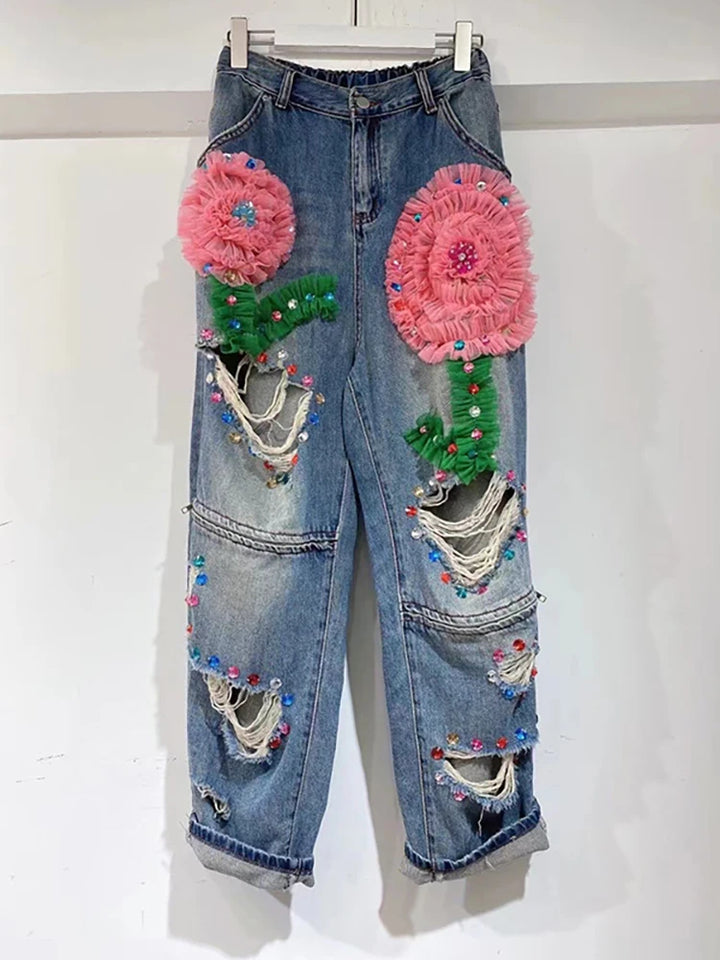 Embroidered Flower Denim Pants