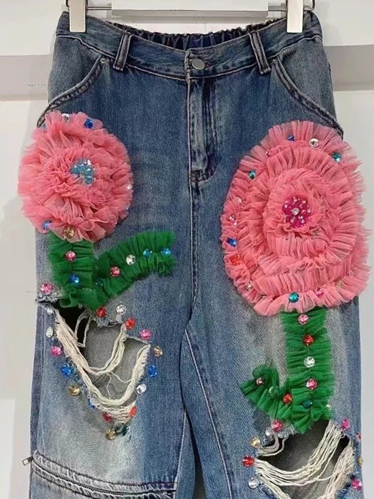 Embroidered Flower Denim Pants