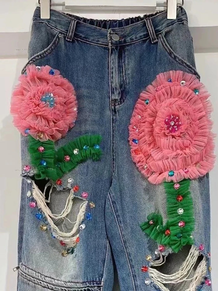 Embroidered Flower Denim Pants