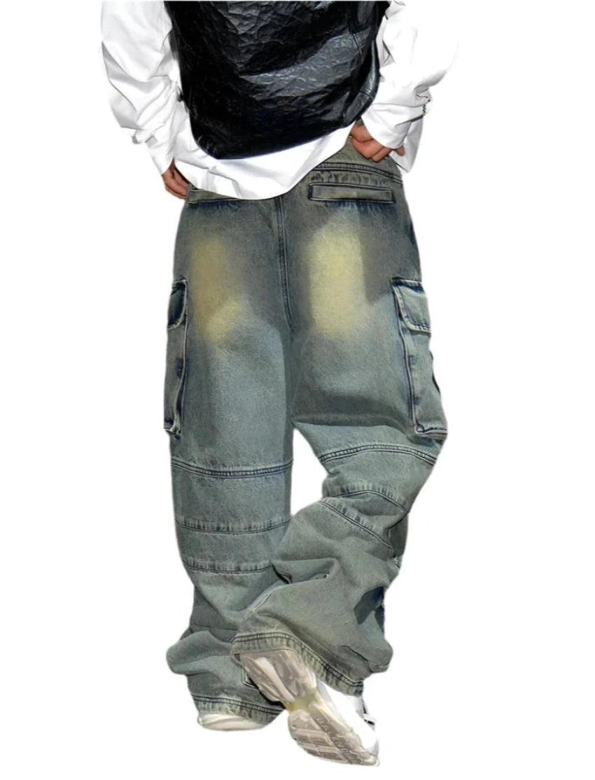 Distressed Denim Cargo Pants