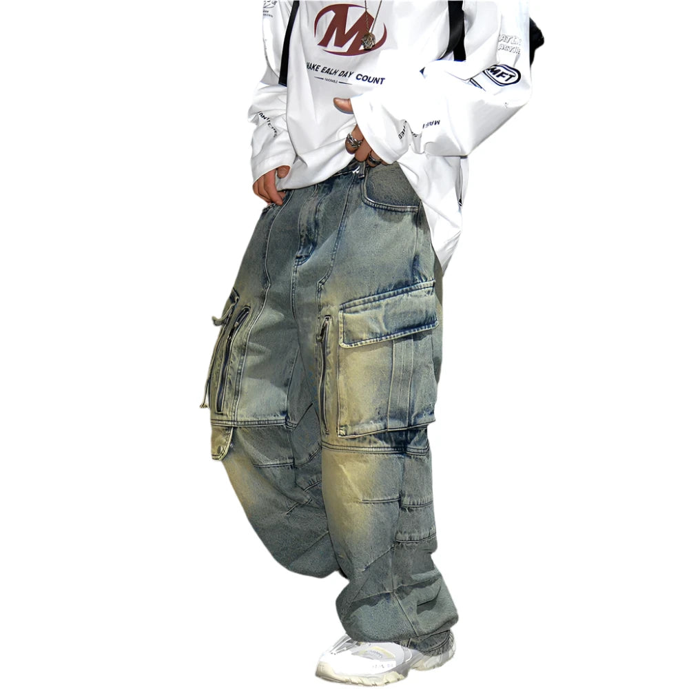 Distressed Denim Cargo Pants