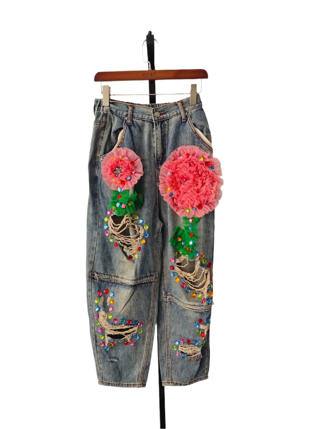 Embroidered Flower Denim Pants