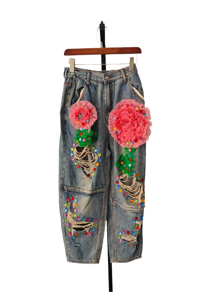 Embroidered Flower Denim Pants