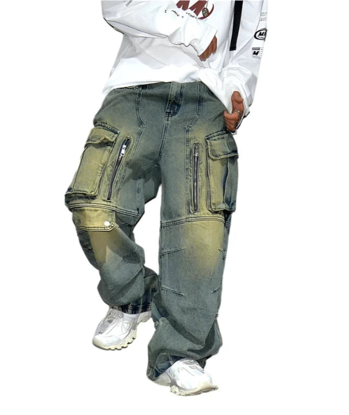 Distressed Denim Cargo Pants